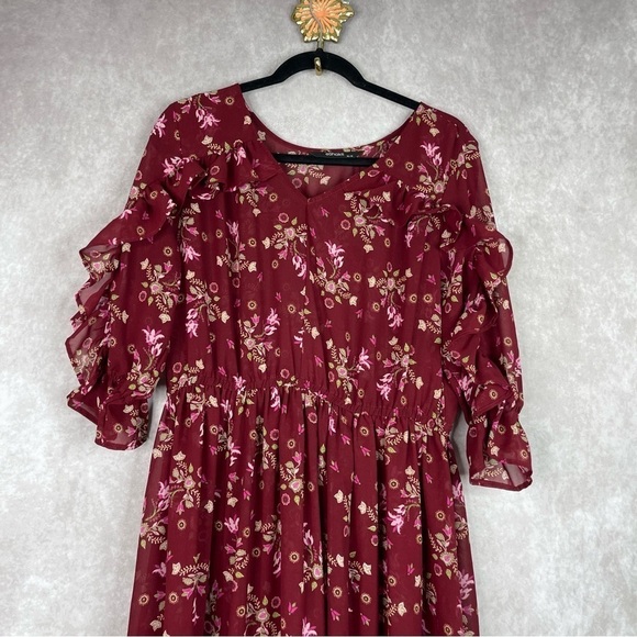 eShakti Floral Print Ruffle Georgette Dress In Maroon Women's Size XL-16 - Picture 3 of 8